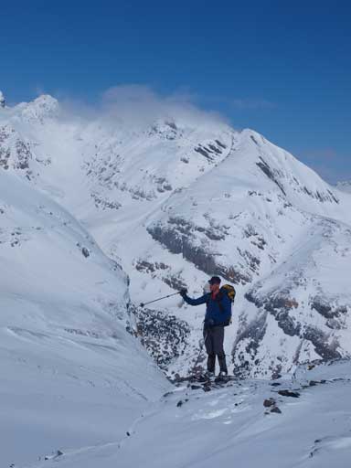 Vern searching for a possible line down the steep lower part