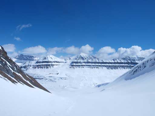 We would be following this valley out to join the main exit valley. Spine Peak at center