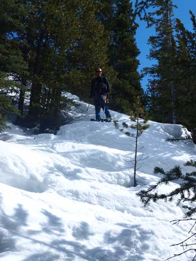 Ben descending in the trees. Snow was still rock hard