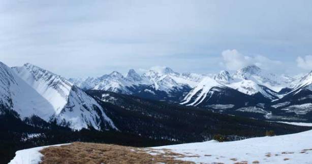 Little Galatea on left. The route goes up the treed slope on it's right side. Familiar peaks across Smith Dorrien Valley behind.