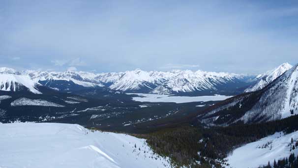 Looking towards the south end of Spray Lake. Cone Mountain behind. Assiniboine is also visible in the far distance.