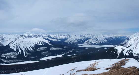 Looking NW towards Assiniboine (left) and Spray Lake (right)