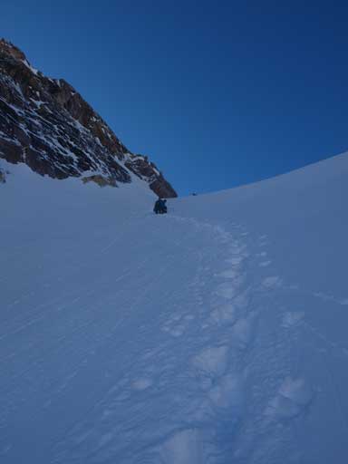 Descending the steep north facing gully from the high col.