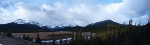 Panorama of Hawse River area. You can see Sarbach and Outram on left, and our objective, the treed slope, on right