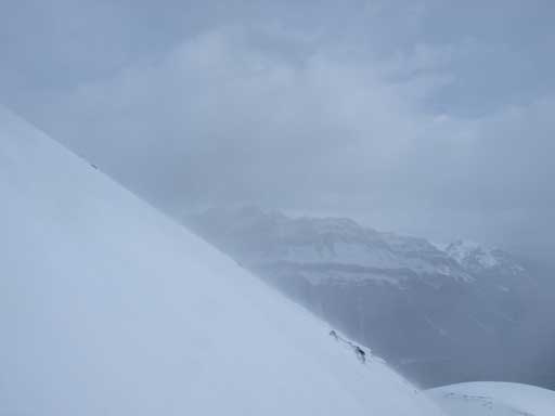 This shot gives a sense of the terrain. It was pretty safe for this day, but it's definitely in avalanche terrain.