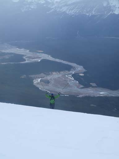 Vern approaching the summit, Howse River below