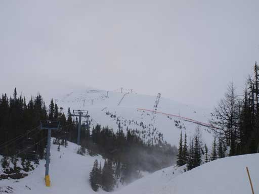 Looking up towards Brewster Rock. Note the wind even below treeline