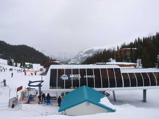 I would pretty much follow this chairlift up. There exists a green line further climber's right of Continental Divide chairlift, but I didn't know that so I skinned up a blue run.