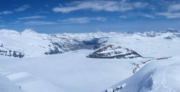Looking down the long approach and Castleguard Meadows