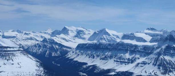 The mighty Forbes rises behind Lyell I, II, III. Alexandra on right.