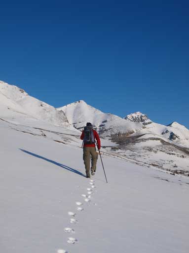 Eric breaking trail towards the ascent gully