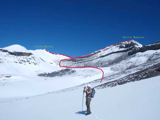 Eric with the route up Cheviot shown in the back.