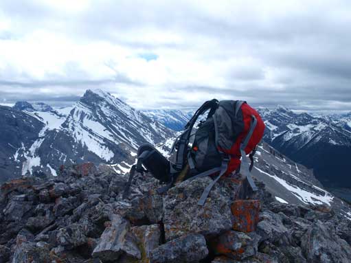 My backpack on the summit. Note I still had the bear spray on this trip. I lost them very soon, and I hadn't bought a new one yet.