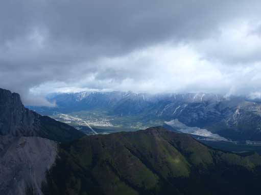 Zooming-in towards Canmore. You can see the clouds moving in.