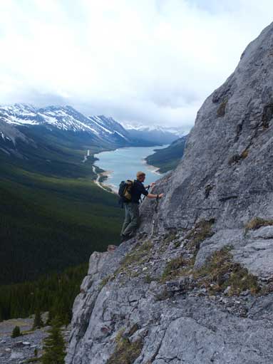 Neil finding his own way, traversing an exposed corner