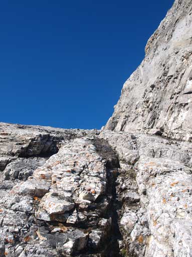 Traverse on climber's left. It's not as steep as it looks in this photo