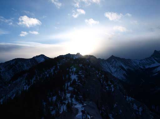 At the summit, looking towards Grant MacEwan Peak. Note the low angled sun