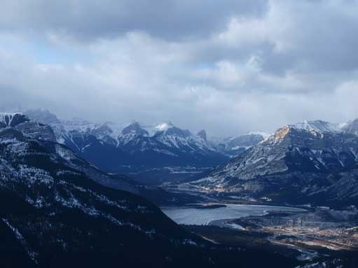 Zooming-in into Bow Valley. You can see Mount Lawrence Grassi and Ha Ling