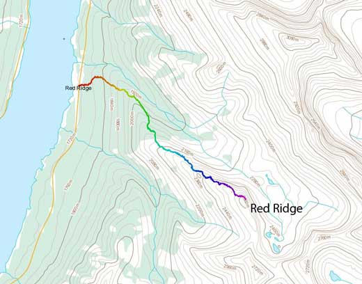 Red Ridge standard snowshoeing ascent route