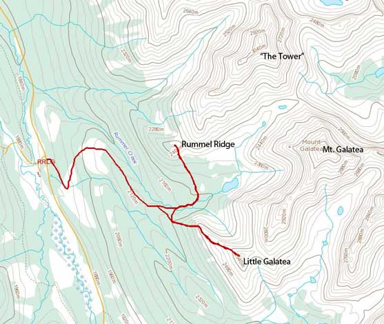 Rummel Ridge and Little Galatea snowshoeing ascent route