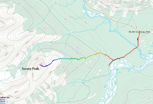 Survey Peak standard snowshoeing ascent route