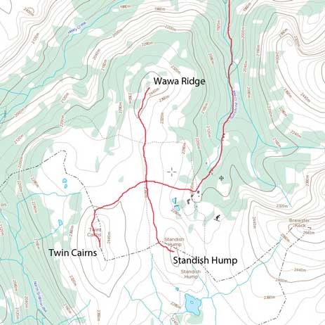 Ascent route for Twin Cairns, Wawa Ridge and Standish Hump