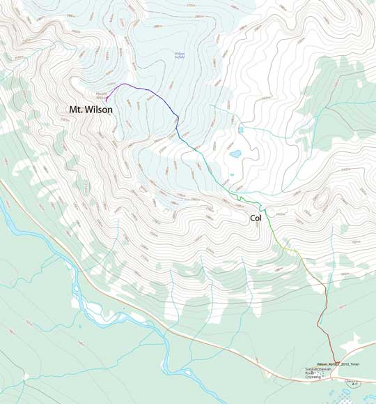 Mt. Wilson ski/snowshoe ascent route via the short-cut col