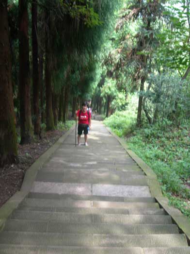 Mom hiking up the typical staircases