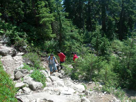 Hiking up the typical terrain