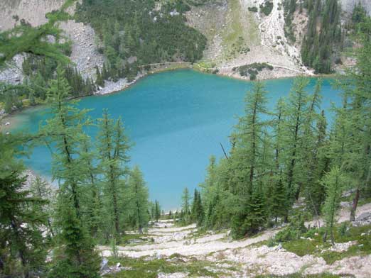 Lake Agnes, and the steep trail descending to the lake level