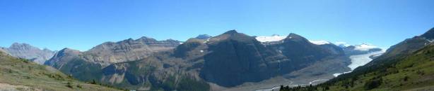 Panorama view of Mount Saskatchewan area. Big Ben Peak and Sask. Junior in foreground