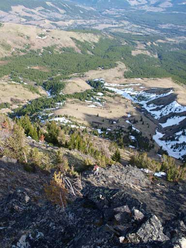 Andrea descending steep terrain. It's definitely not a pleasurable highway walk, but on this day, this was the best way to go.