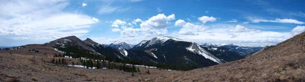Panorama from partway up. The two summits are on left