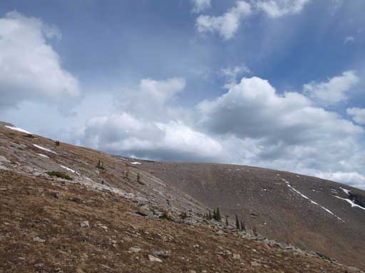Looking back towards the summit area from near treeline. What you cannot see is the wind