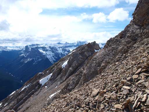 The terrain would soon force us descending towards skier's left looking for easier stuffs