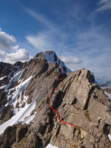 After traversing an exposed ledge over an impossible pinnacle, this was what I saw... More and more . Red line shows my route