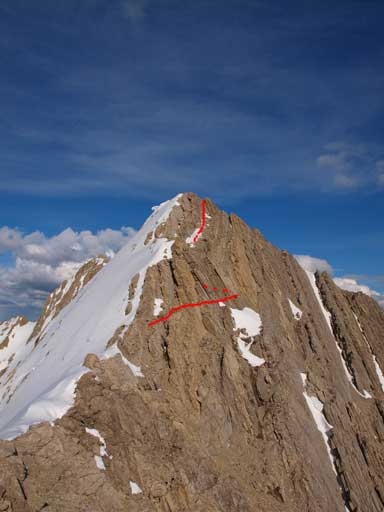 Looking back at the (second) false peak where Eric and Ben turned around. It's steeper than it looks, and red line shows the route I took. 