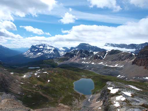 Looking down at Helen Lake. Bow Peak and BowCrow Peak behind