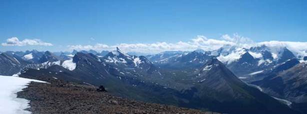Summit view looking south towards Nigel Peak and Wilcox Pass area