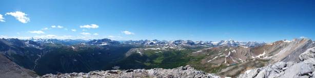 A panorama of Sunshine/Healy Pass area, with big mountains behind