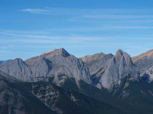 Cory is the tall peak behind. Edith has three summits in front of Cory. Louis is the pointy peak on right.
