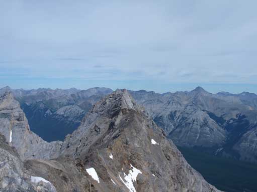 Mount Aylmer is the tall mountain on right skyline. The pointy peak in foreground is another peak of Cascade Mountain