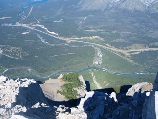 The other side is a shear drop. Bow River and Highway 1, at 1600 vertical meters below