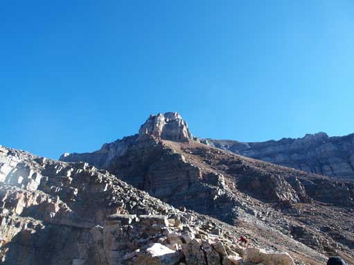 Looking up the broad gully (climber's right of ridge crest) from Sentinel Pass
