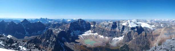 Summit panorama looking towards Deltaform, Hungabee, Lefroy, and Victoria. Click to view large size.
