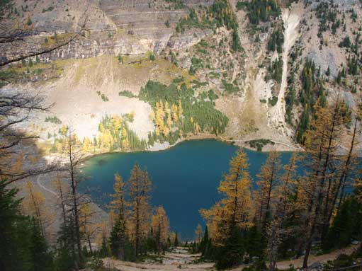 Looking down towards Lake Agnes from partway up Big Beehive