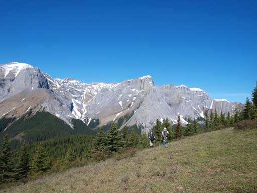 Hiking down an open slope. We just left the summit of Black Cat Mountain. Boule Roche at center.