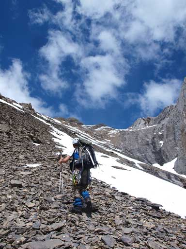 Typical scree slog. Note the gears we were carrying...