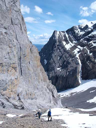 Descending the scree/talus, with impressive rock formation all around