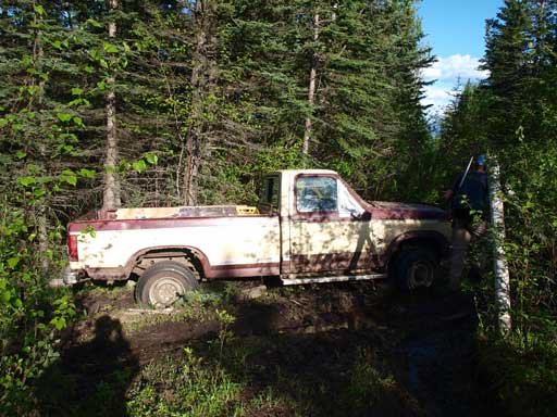 An abandoned truck. Don't know why it traveled so deeply into ATV terrain...